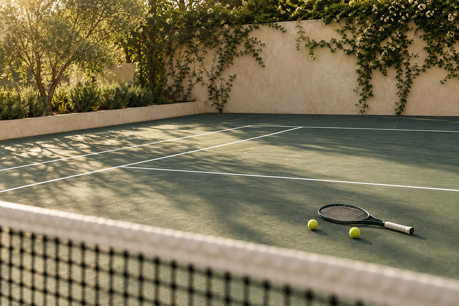 Sunlight across a green tennis court, with a racket and tennis balls beside the net