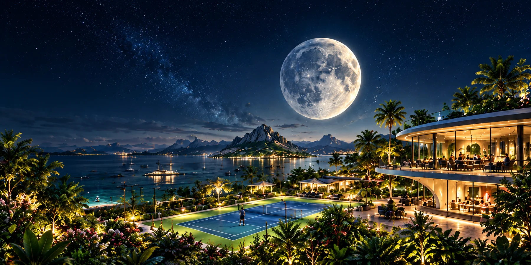 An imagined planetary TennisMoon world with a luminous moon, lush courts and a warmly lit futuristic clubhouse